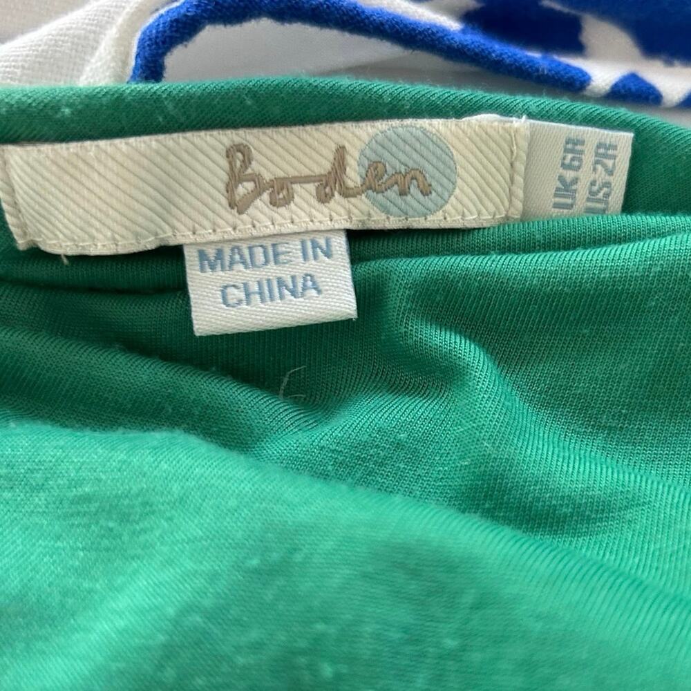 Boden Green Blue Leaf Print Ruched Dress Sleeveless Stretch Midi Workwear Size 2 - Picture 4 of 6